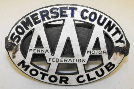 Porcelain AAA Somerset Pa Car Badge: Antique Porcelain AAA Somerset Pa car badge. 4 1/2" by 3 1/2". Some Chipping to the porcelain. Age Appropriate Wear, Please see photos for a better idea of condition.