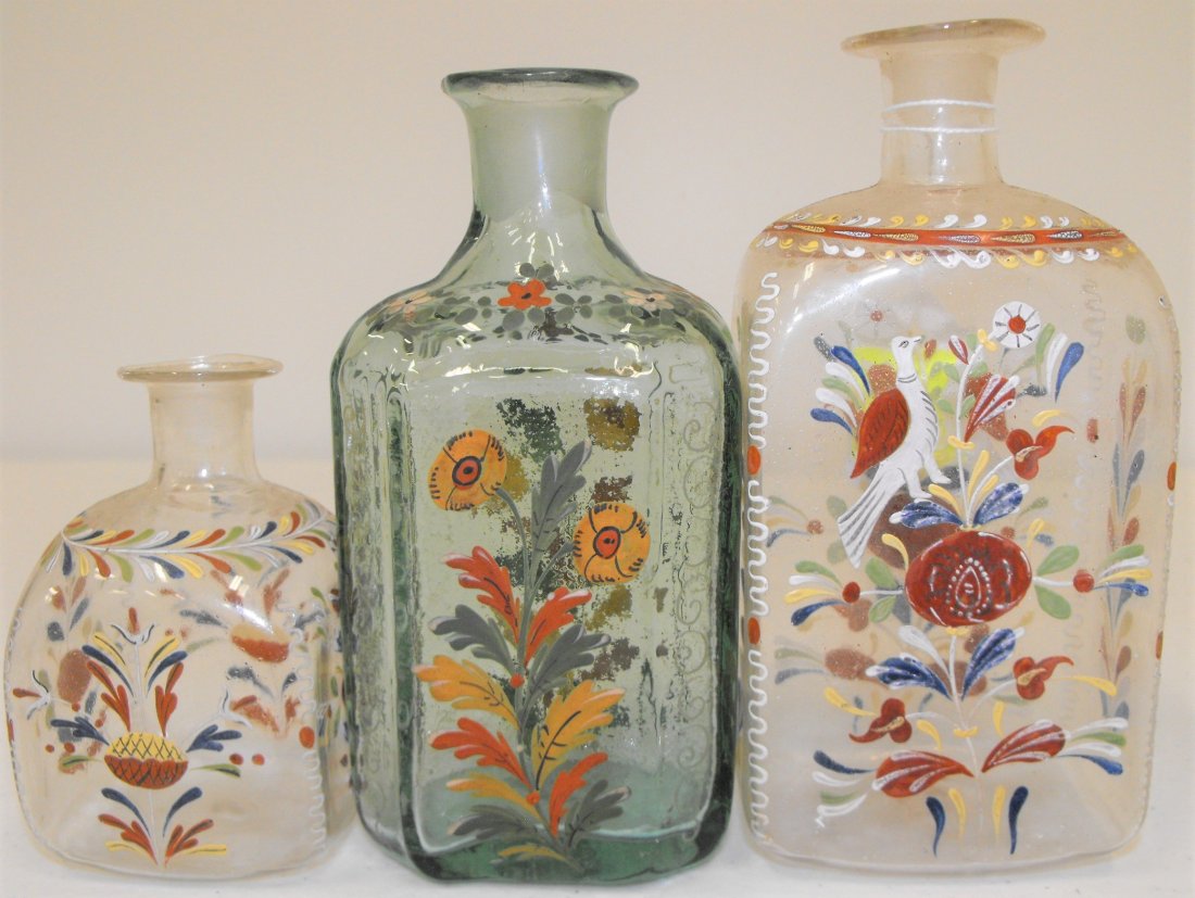 Lot 3 Antique Stiegel German Decorated Glass Bottles (1 of 2)