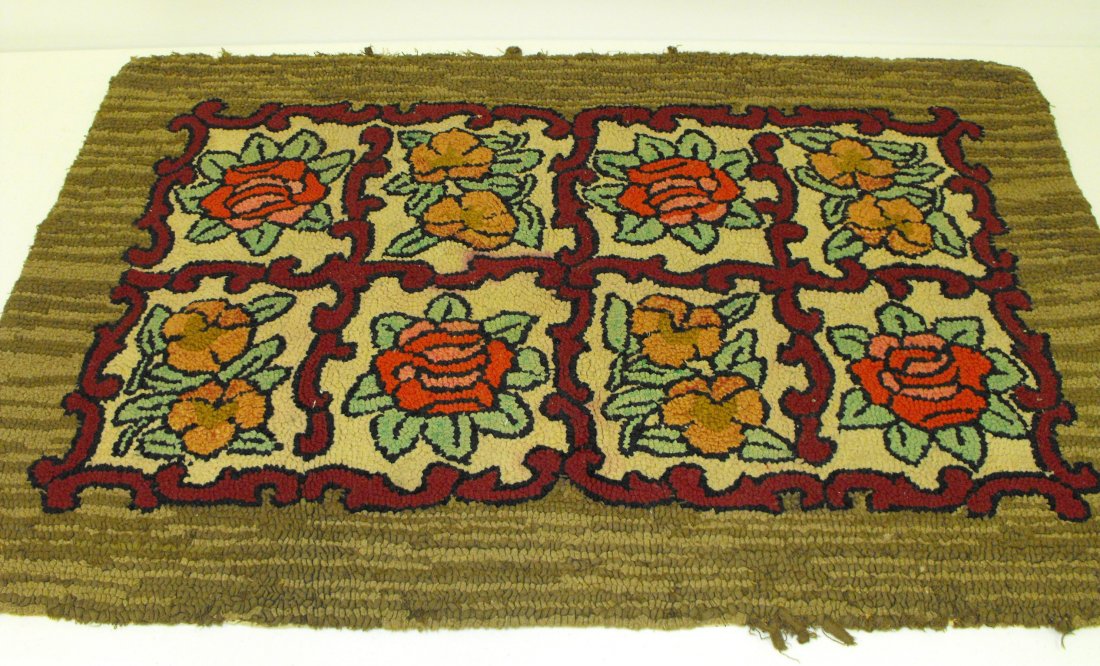 Antique Primitive Floral Pattern Hooked Rug (1 of 3)