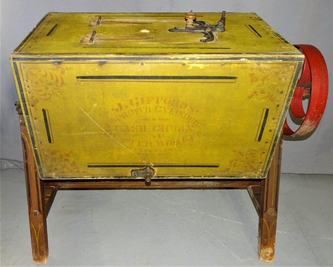 Gifford's Cylinder Yellow Painted Wood Butter Churn (1 of 9)