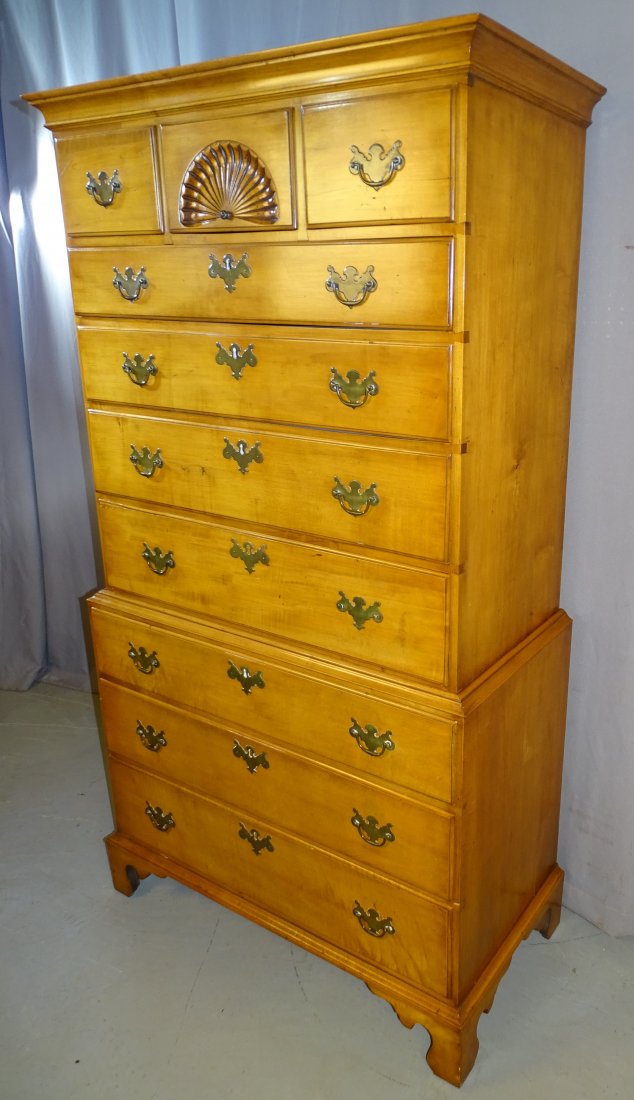 Period Chippendale Maple Chest on Chest: Period Chippendale maple chest on chest. 2 piece with later replaced bracket feet. Shell carved top center drawer. Replaced Chippendale brass hardware. Old repairs to upper left side and a couple draw