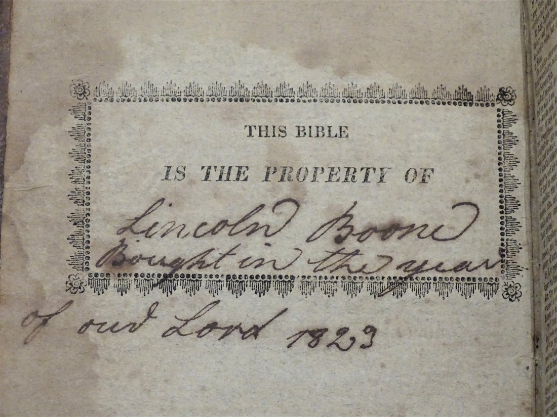 Rare Lincoln Boone's 1818 Pittsburgh Printed Bible: Rare Pittsburgh 1818 printed bible owned by Lincoln Boone, cousin of both Daniel Boone & Abraham Lincoln. Marked inside bible that it is the property of Lincoln Boone and bought in the year of our Lor