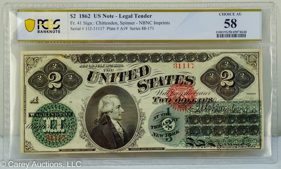 1862 US $2 Note FR41 Green Back PCGS Graded Choice AU58 (1 of 5)
