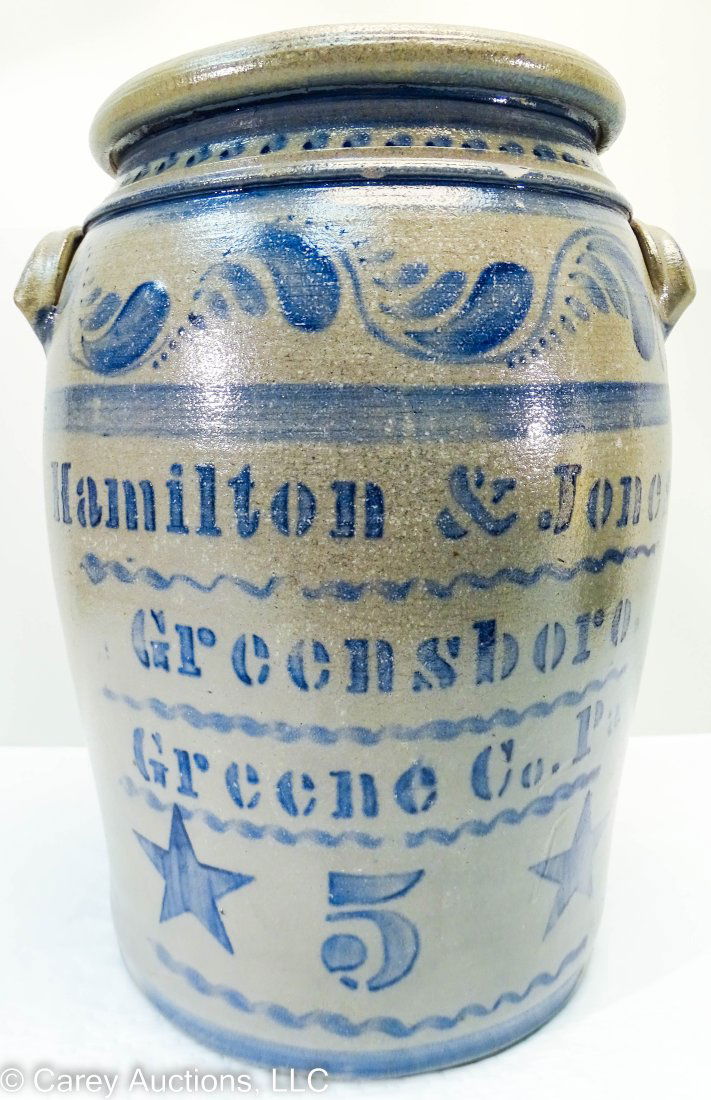 Nice Hamilton & Jones Greensboro Pa Cobalt Decorated 5 gal Crock Freehand & Stars (1 of 10)