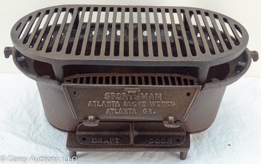 Rare Antique Cast Iron Atlanta Stove Works Brazier "Sportsman": Rare antique cast iron brazier from the Atlantic Stove Works, marked Sportsman. This one measures 19 1/2" long, 9 1/4" tall and 10 1/2" wide overall. Has been cleaned and looks to be in good condition