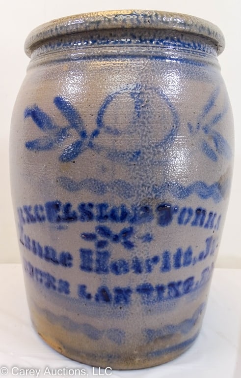 2 GALLON EXCELSION WORKS DECORATED CROCK: Isaac Hewitt - Rices Landing PA / Measures: 12"H x 8" diameter / Provenance: From the Estate of Dennis Ballas / Condition: some over glaze, minor grease stains