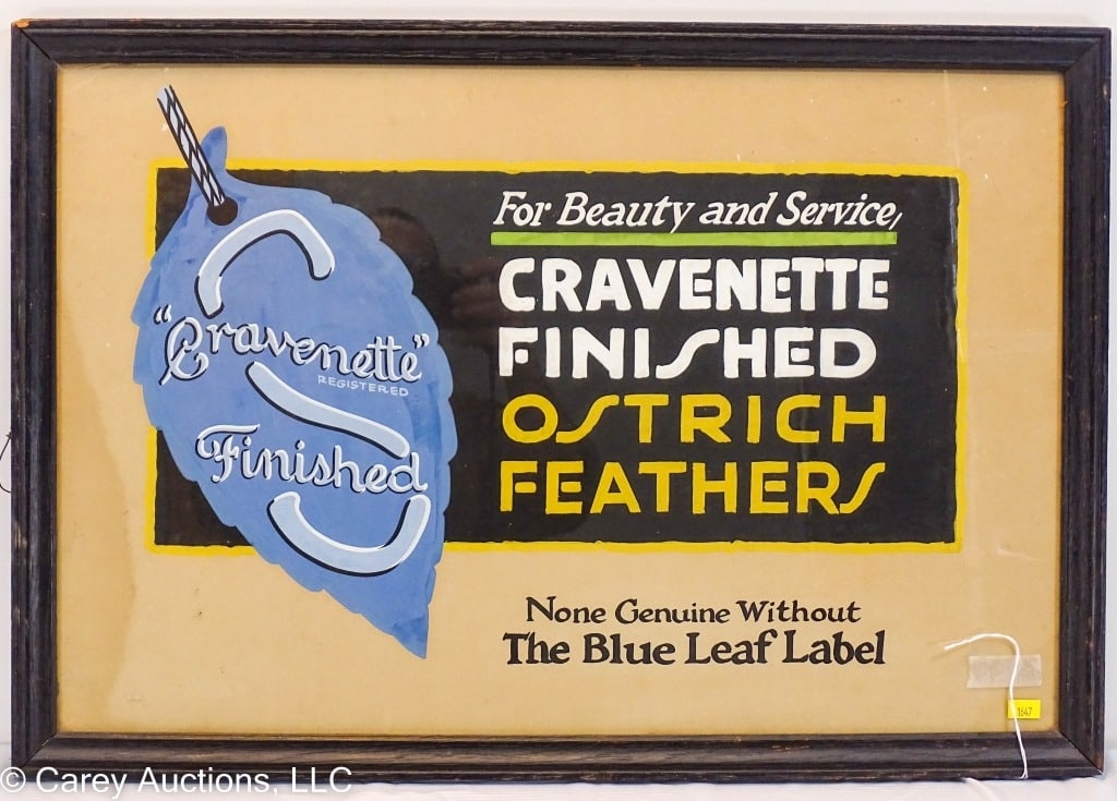 FINISHED OSTRICH FEATHERS ADVERTISING SIGN: Hand painted cardboard for Craventte Finished ostrich feathers - framed / Condition: Good, stain left side