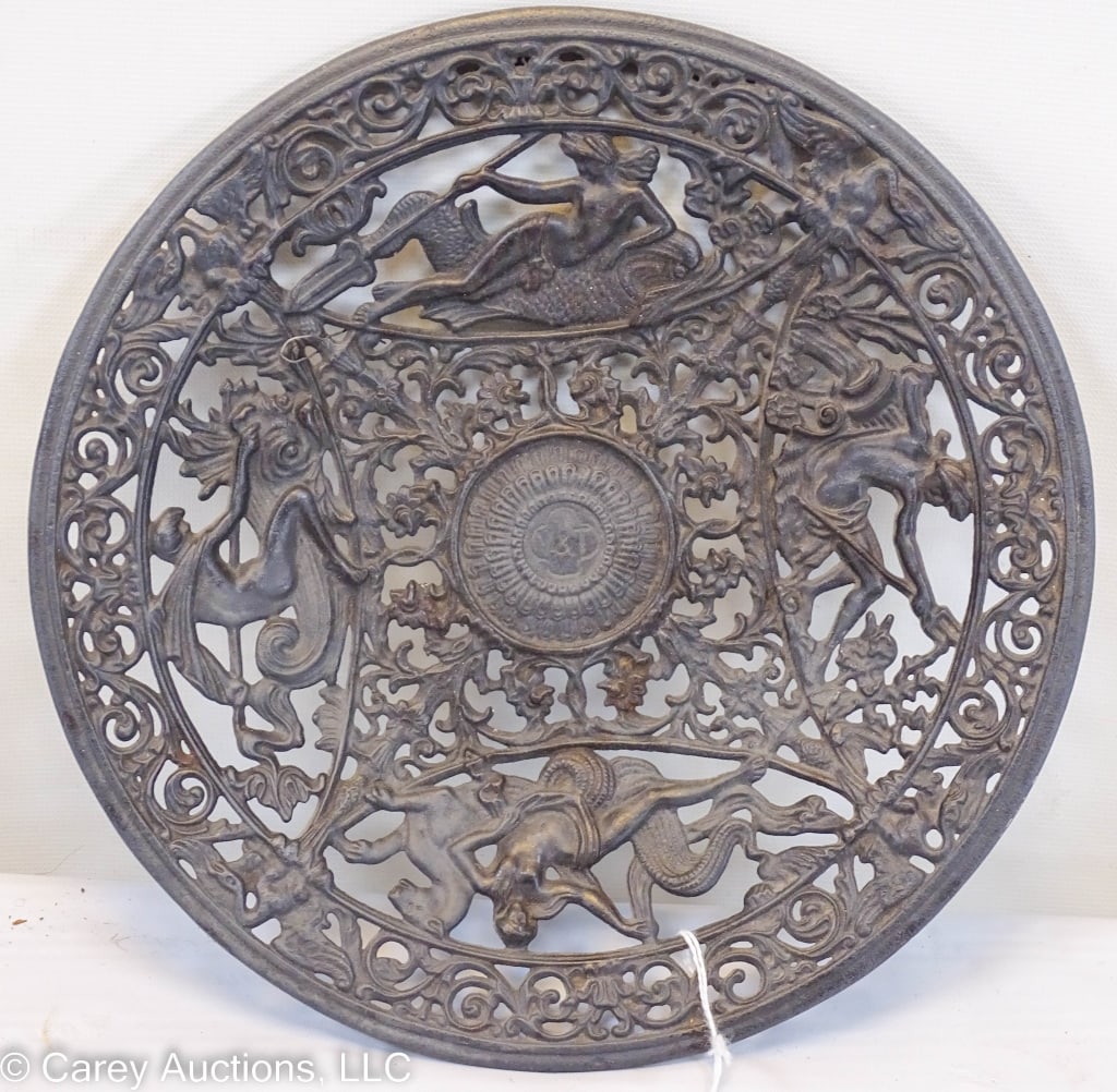 YALE LOCK CO CAST ADVERTISING PLATE: Reticulated cast iron plate advertising Yale Lock Co Boston / Measures: 7.5" diameter