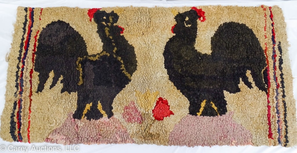 ANTIQUE HOOKED RUG FACING ROOSTERS (1 of 5)
