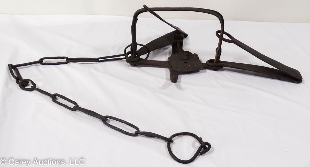 19TH CENTURY HAND FORGED IRON WOLF TRAP MARKED (1 of 7)