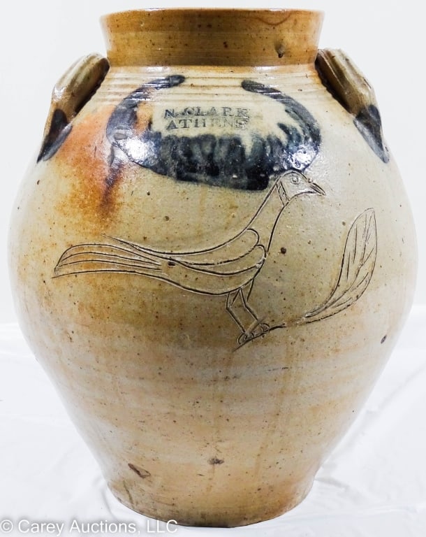 N CLARK ATHENS NY STONEWARE JAR W/INCISED BIRDS (1 of 11)