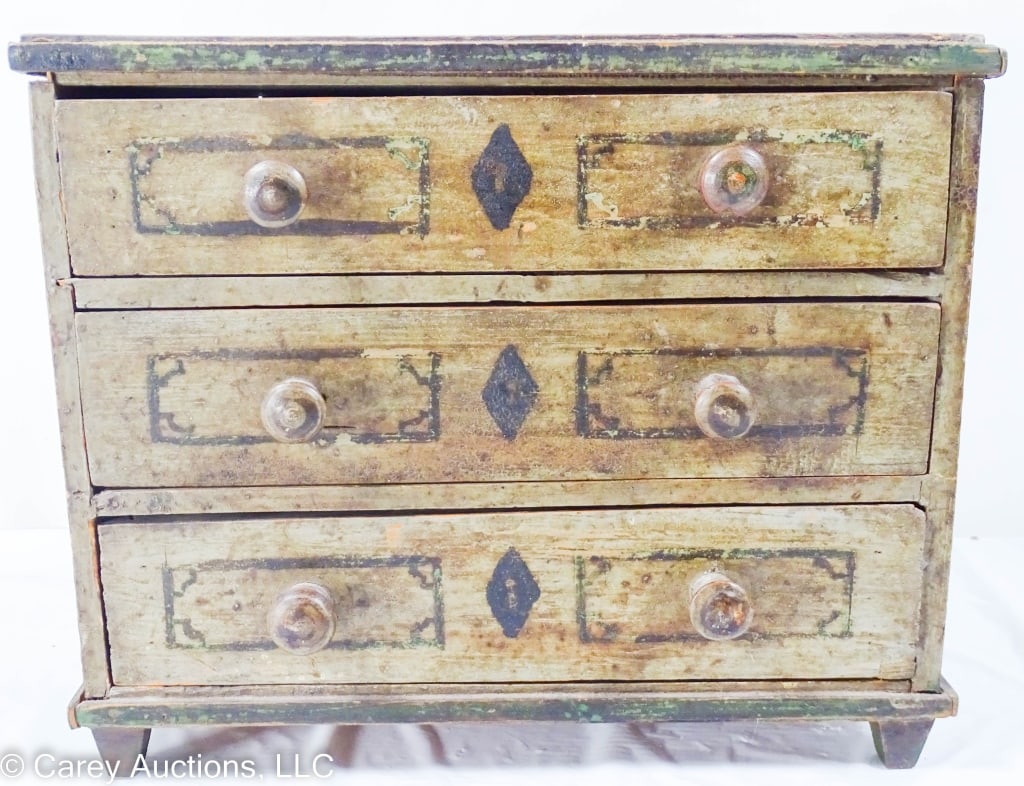 19TH C MINIATURE PINE PAINT DECORATED CHEST (1 of 9)