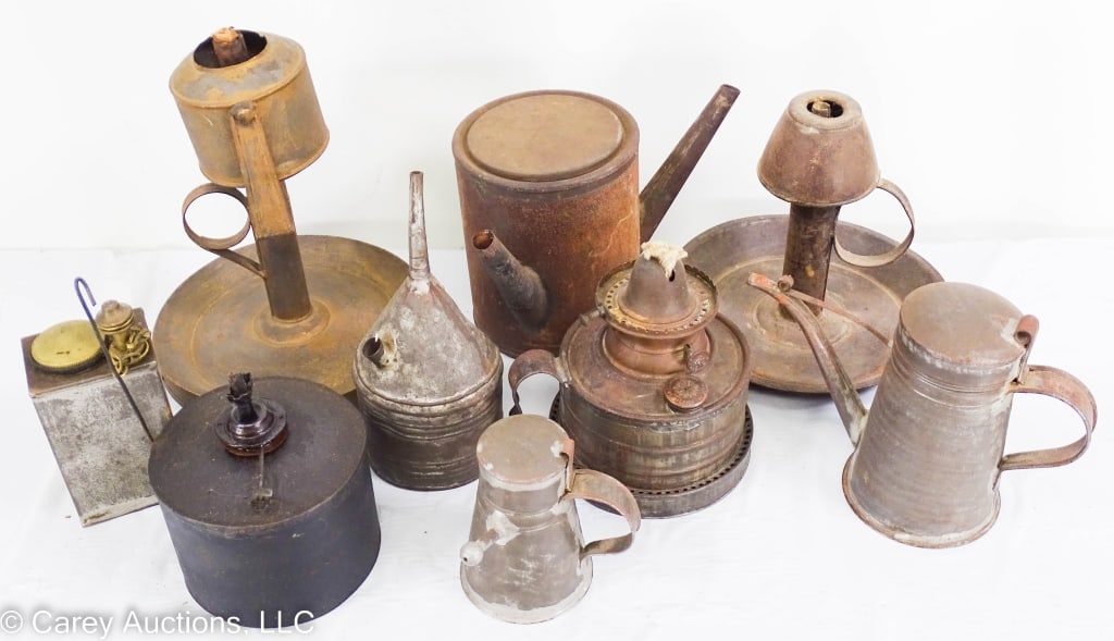 ASSORTED TIN FAT GREASE LAMPS OILERS RESERVOIR (1 of 12)