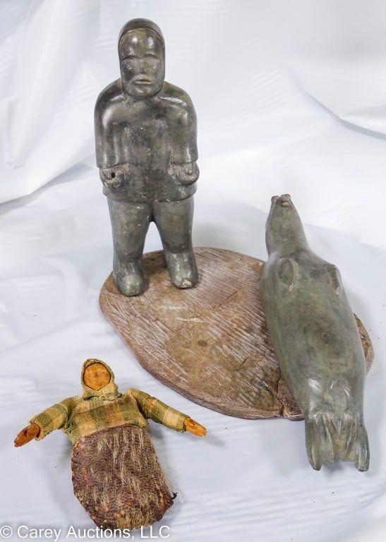 INUIT CARVED WOOD HIDE DOLL SOAPSTONE SEAL HUNTER (1 of 9)