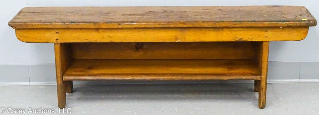 PRIMITIVE PINE BENCH WITH SHAPED BACK AND SHELF (1 of 6)