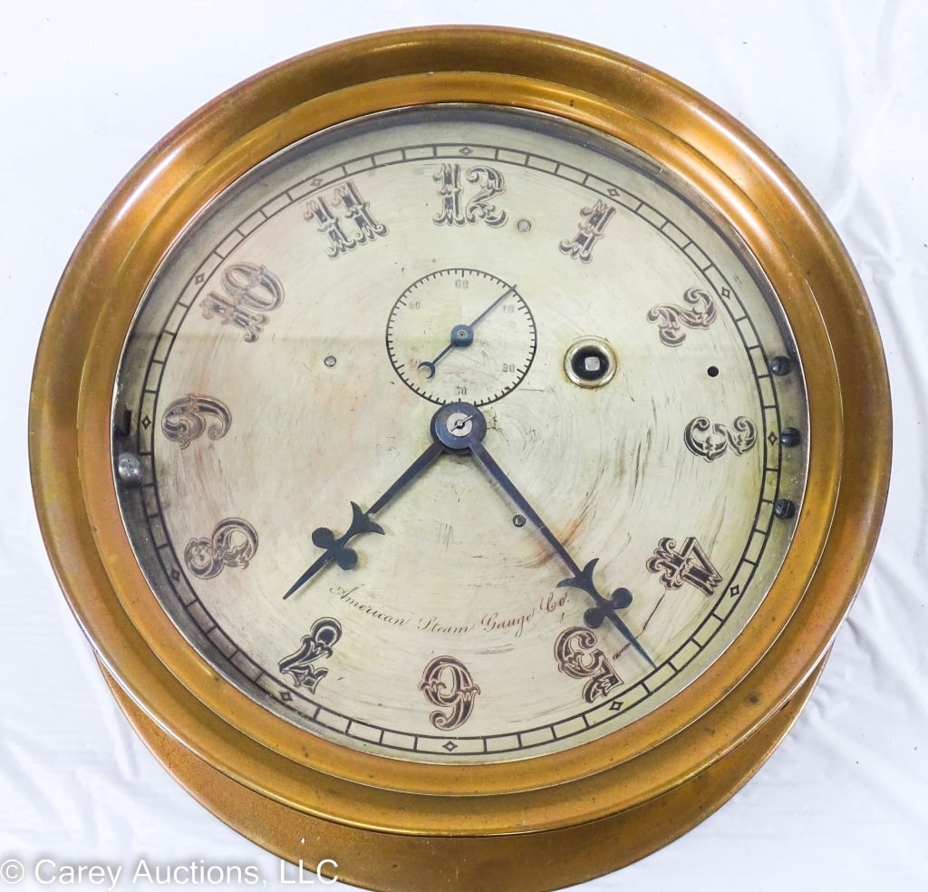 E HOWARD BRASS SHIPS CLOCK AMERICAN STEAM GAUGE CO (1 of 10)