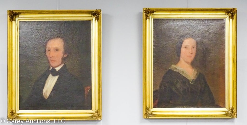 PAIR EARLY 19TH C TAYLOR FAMILY PORTRAITS: A pair of unsigned oil on canvas portraits purportedly of Rev. John Taylor and his wife, Susanna Taylor. Ancestors of the Irwin family, Pittsburgh, PA. Both in matching gilt frames, they have been pro
