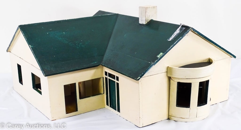 HANDMADE WOODEN DOLLHOUSE & FURNITURE CA 1930S: A handmade one story wooden dollhouse with removeable roof and a bay window. Interior walls are moveable and can be arranged in different configurations. House has built in fireplaces, bookcases, and 