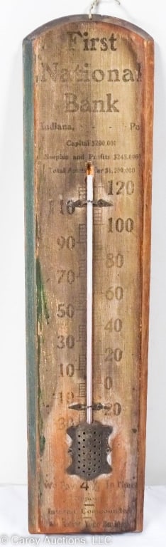 FIRST NATIONAL BANK INDIANA PA WOODEN THERMOMETER: Antique wood thermometer advertising the First National Bank of Indiana, Pa. Retains some of the original blue and cream colored paint. The black stenciled letters and numbers are still very legible. 