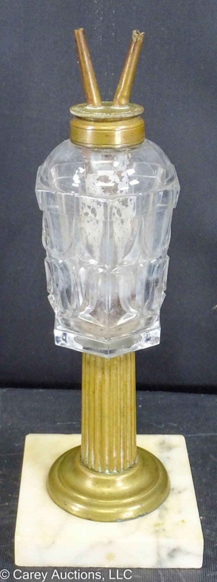 1852 HORSFORDS SAFETY BURNER WHALE OIL LAMP: Mid 19th Century fluid whale oil lamp, possibly Boston Sandwich Glass with a brass E.N. Horsford Safety Lamp Burner dated 1852. Font is on a ribbed brass column atop a square marble base / Measures: 1