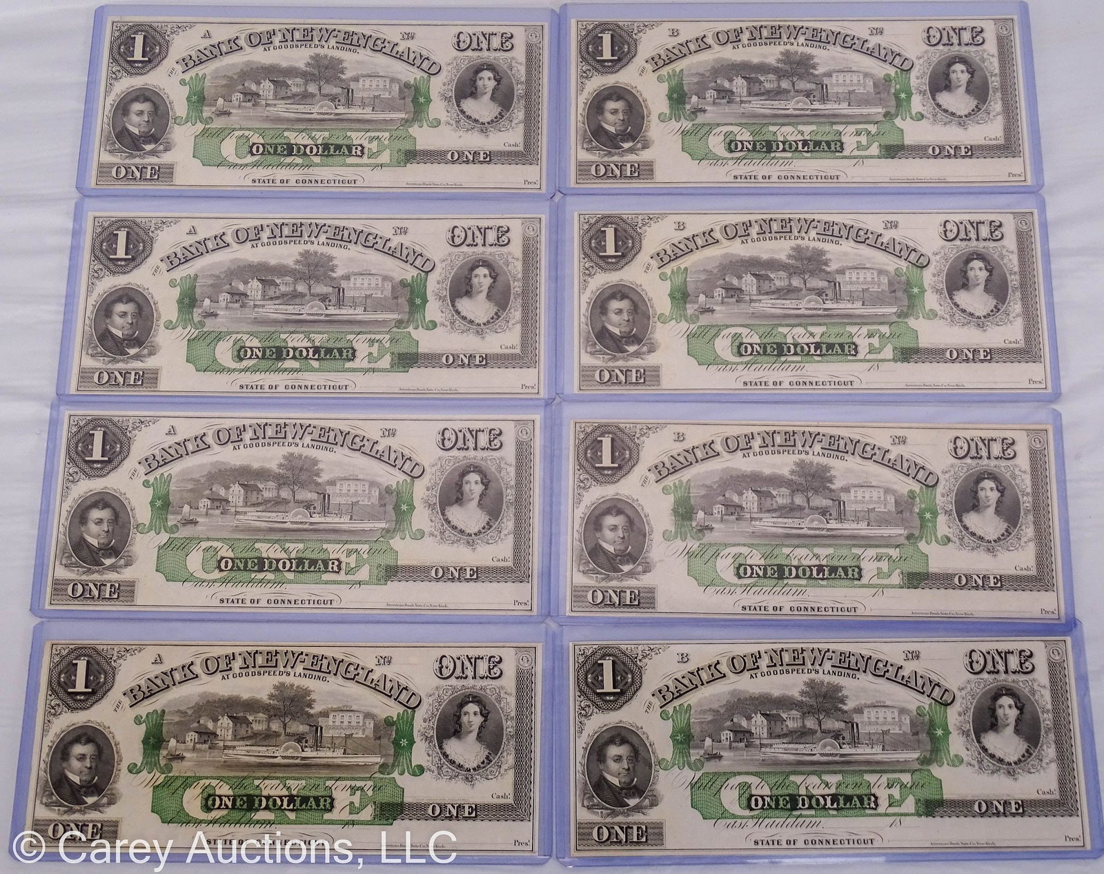 8 OBSOLETE UNISSUED CONNECTICUT CURRENCY: Bank of New England at Goodspeed's Landing, Connecticut, Circa 1800's; Includes: (4) $1 One Dollar A-Series and (4) $1 One Dollar B-Series; all in protective plastic sleeves