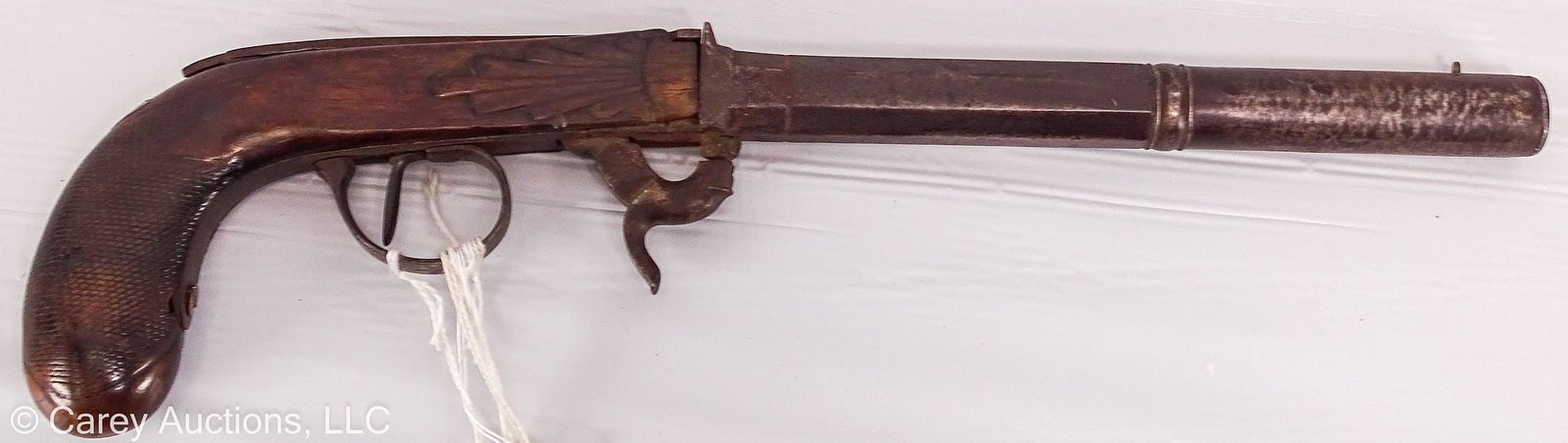 19th CENTURY BELGIAN UNDER HAMMER BOOT PITSOL: Circa 1850 Antique Belgian Under Hammer Boot Pistol, .50 caliber; owned by Colonel Holyday, A treasurer for the Eastern Shore Area, Raised money for the American Revolution // Measures: 14" long