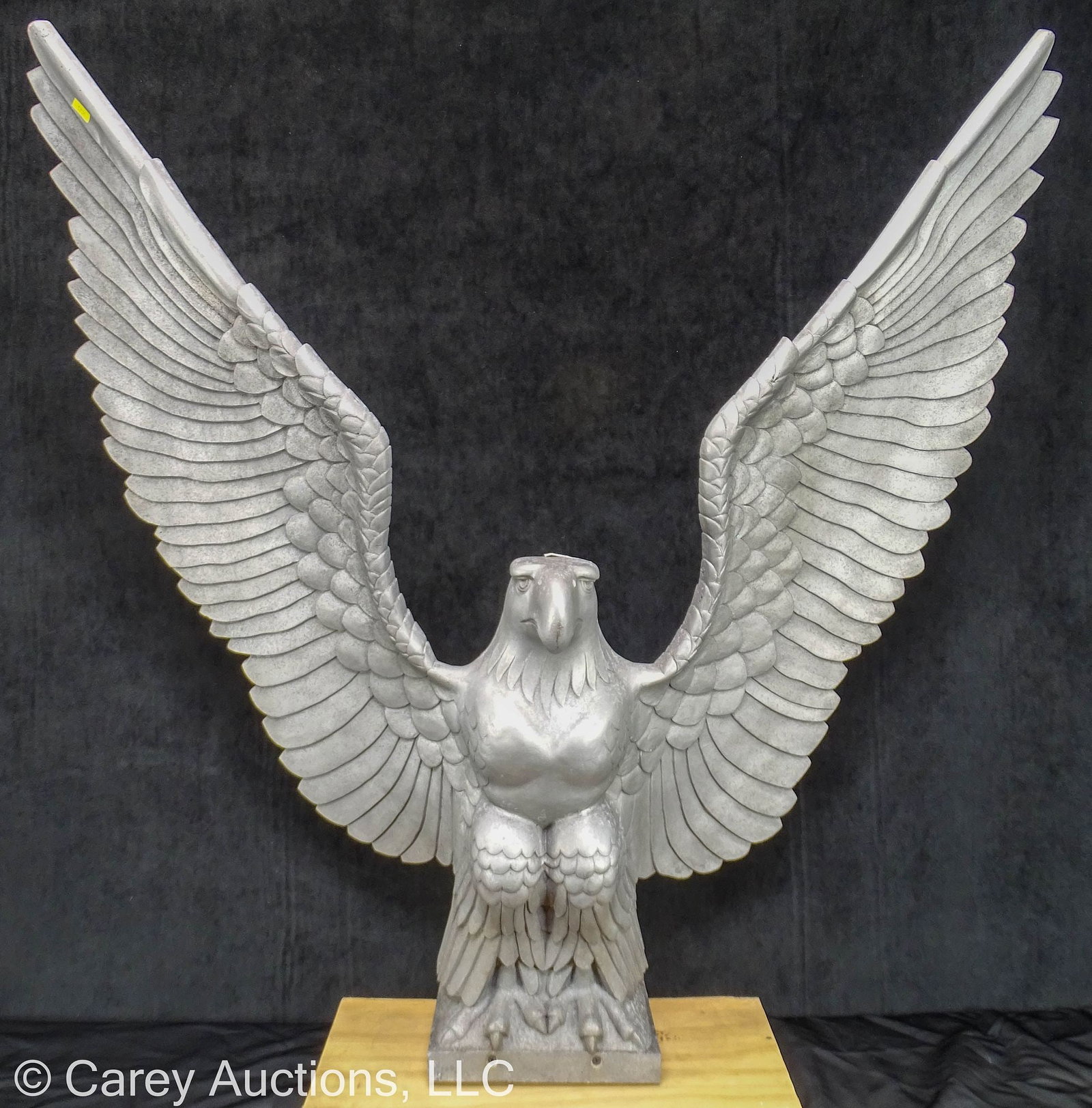 WWII GERMAN CAST ALUMINUM EAGLE: Large Cast Aluminum WWII Era Nazi German Eagle; These type of Eagles were made to adorn buildings and are forward leaning // Measures: 44"H x 36.5"W, Base - 9.5"W x 8.5"D // Condit