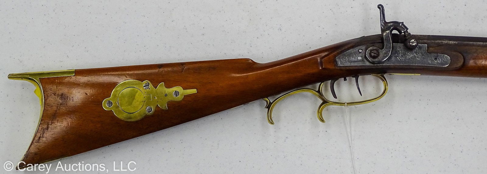 JH JOHNSTON HALF STOCK .36 CALIBER PERCUSSIAN RIFLE: JH Johnston, Great Western Gun Works, Pittsburgh PA, walnut stock, half stock percussion rifle, approximately .36 caliber // Measures: 52.5" long overall // Condition: Non-original ram rod, has b