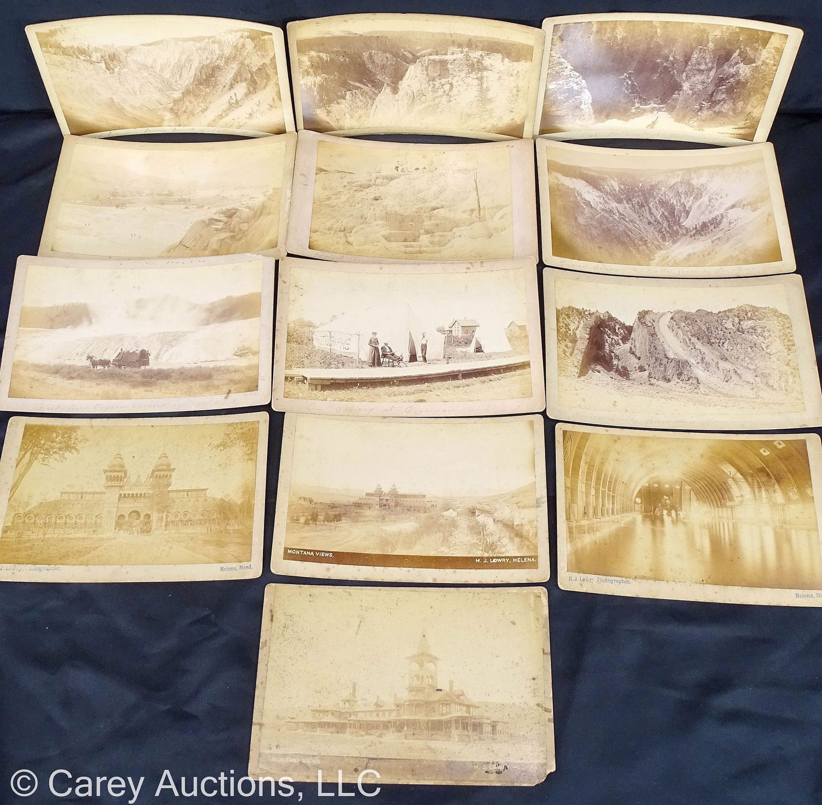 (13) 19tH CENTURY CABINET CARD PHOTOS YELLOWSTONE PARK MT HELENA: Lot of 13 sepia toned cabinet card photos taken by HJ Lowry and Towner & Lowry Helena Montana; Includes: (7) Photos showing views of the Grand Canyon Falls in Yellowstone, Devil's Slide and Te