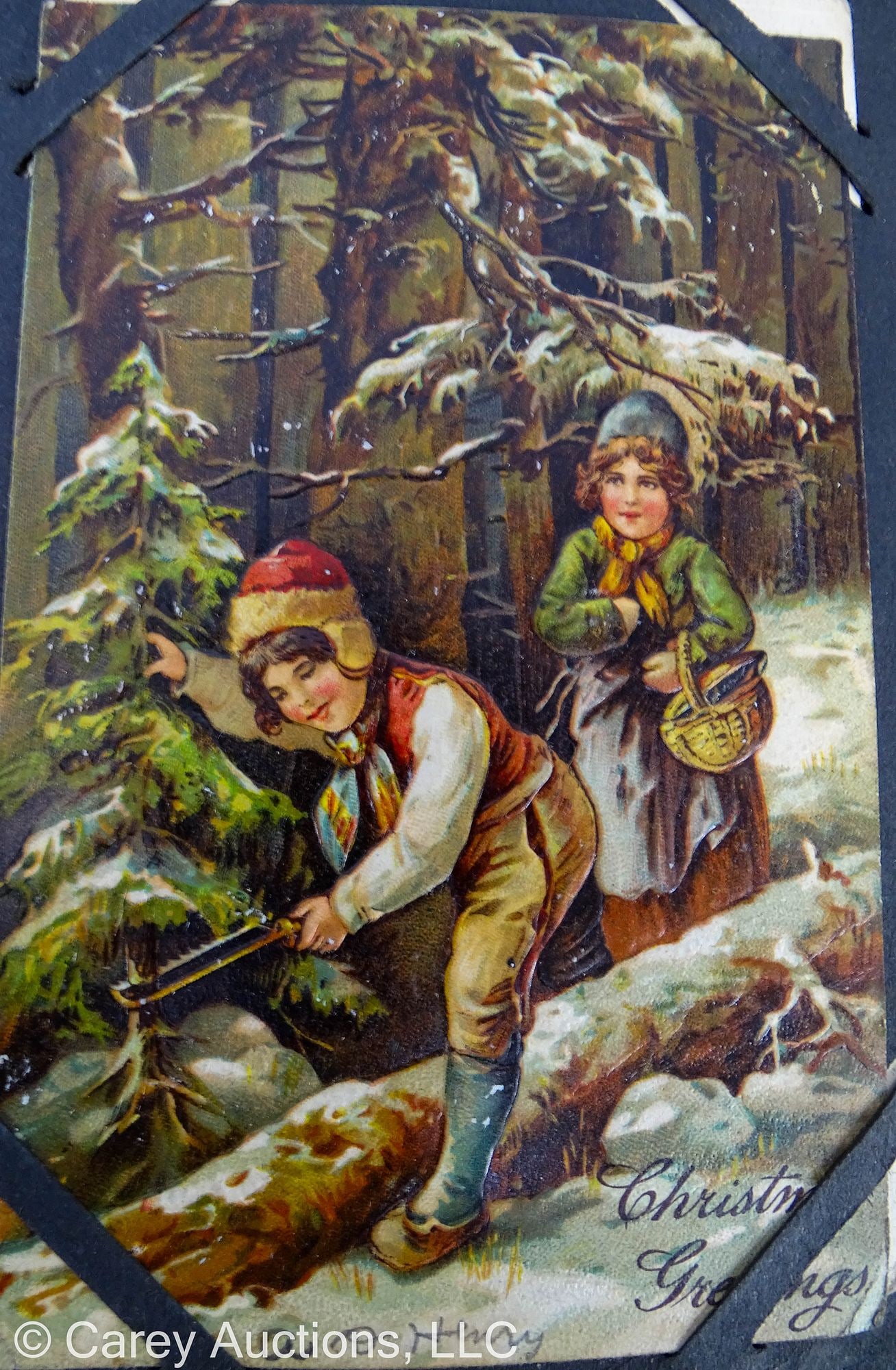 ANTIQUE POST CARD ALBUM 490+ CARDS: Post card album with 490+ cards; cards all from 1907-1915; Includes: Christmas, Easter, Valentines, Holiday, greeting and birthday cards; Also some town scene; Most have been posted // Measures: 13.5&