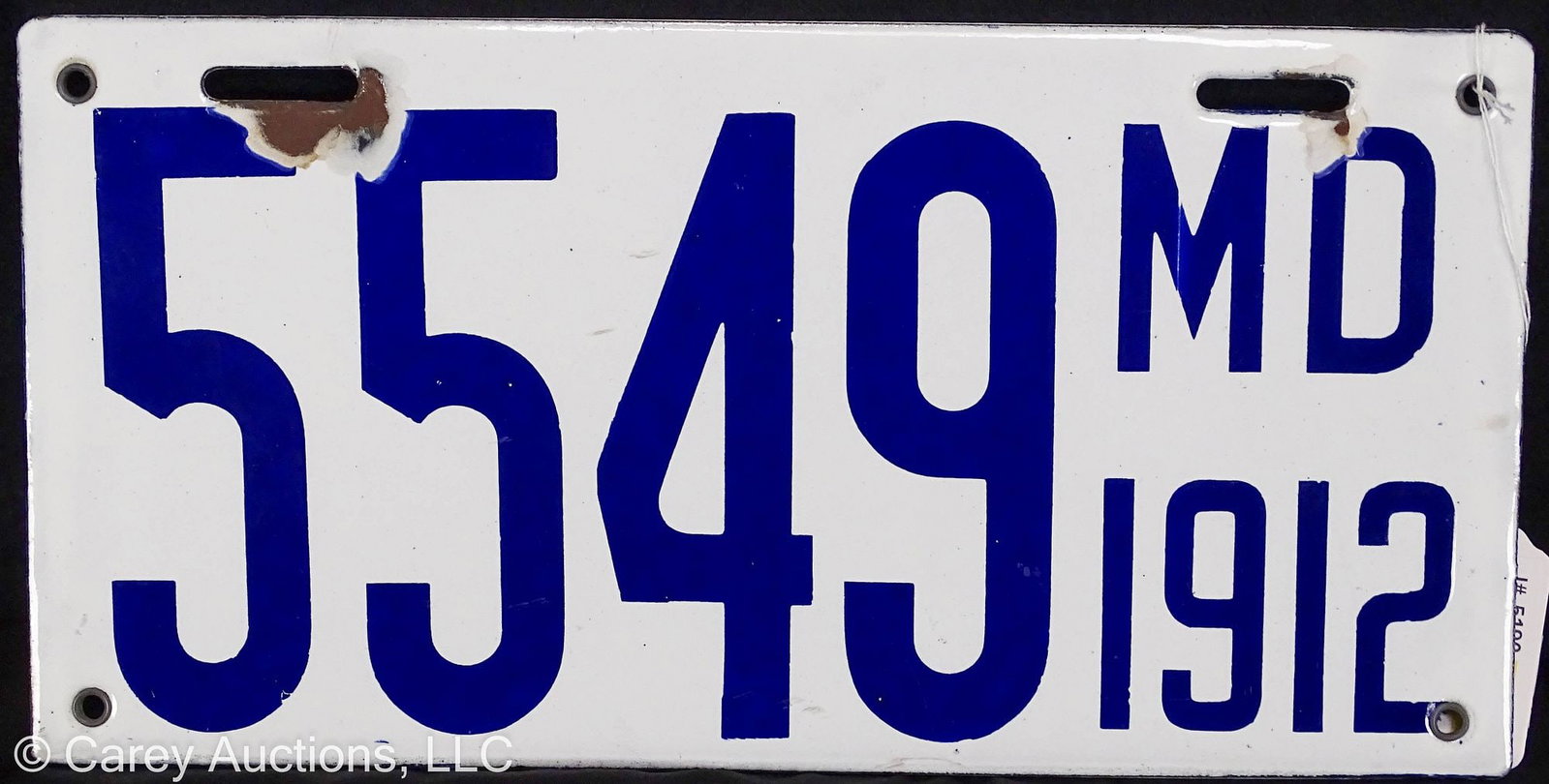 1912 MARYLAND AUTO PORCELAIN LICENSE PLATE: Blue & white porcelain Maryland license plate from 1912 # 5549;