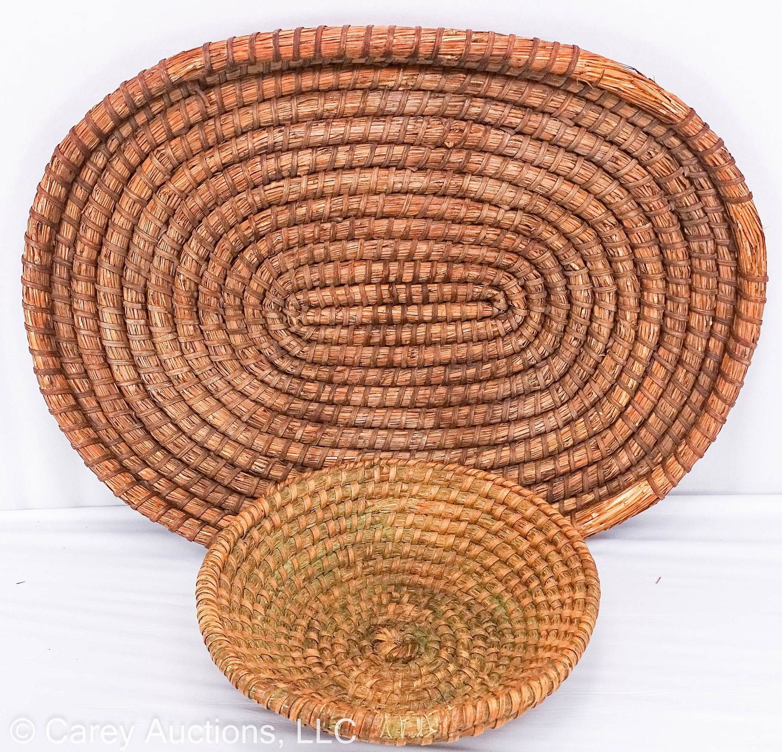 ANTIQUE COILED RYE GRASS OAK SPLINT BASKET & LARGE TRAY (1 of 8)