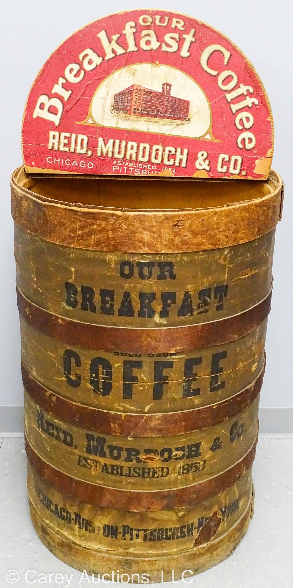19th CENTURY WOODEN BREAKFAST COFFEE BARREL GOLD DRUM: Large country store wooden barrel advertising [Our Breakfast Gold Drum Coffee from Reid Murdoch & Co, Established 1853 Chicago Boston Pittsburgh New York] Barrel has the printing on cardboard betw