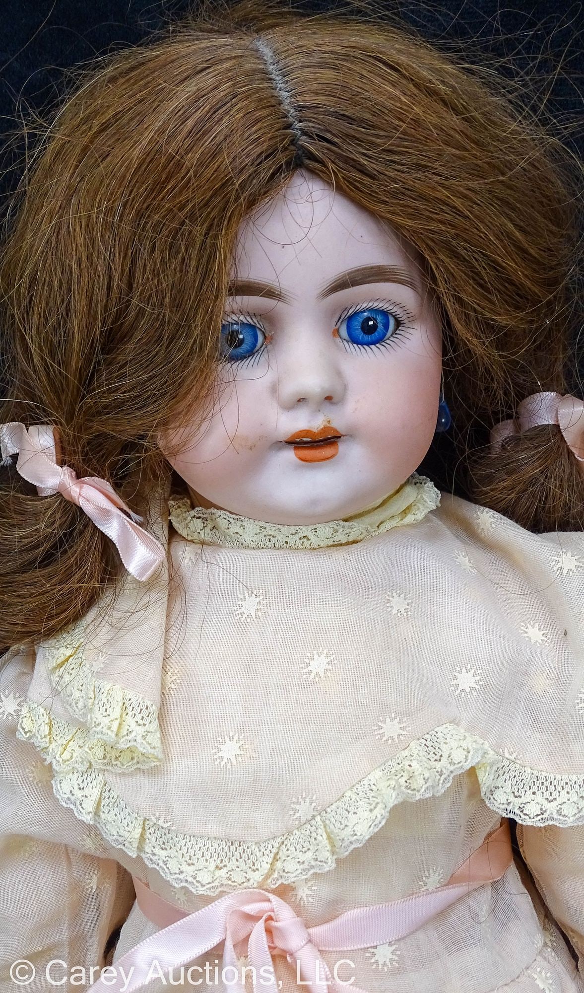 SIMON & HALBIG 719 DEP BISQUE HEAD DOLL: Jointed composition body missing top of little finger on left hand; blue eyes, painted eyebrows and lashes; pierced ears; open mouth with teeth; period dress; lavender shoes are newer replacements //