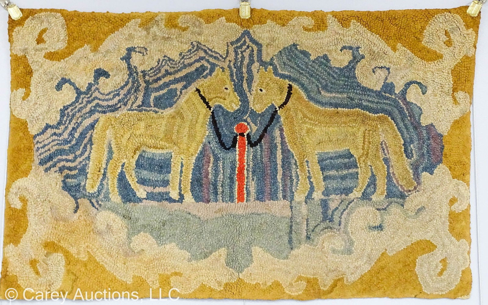 ANTIQUE HOOKED RUG WITH TWO HORSES AT HITCHING POST (1 of 3)