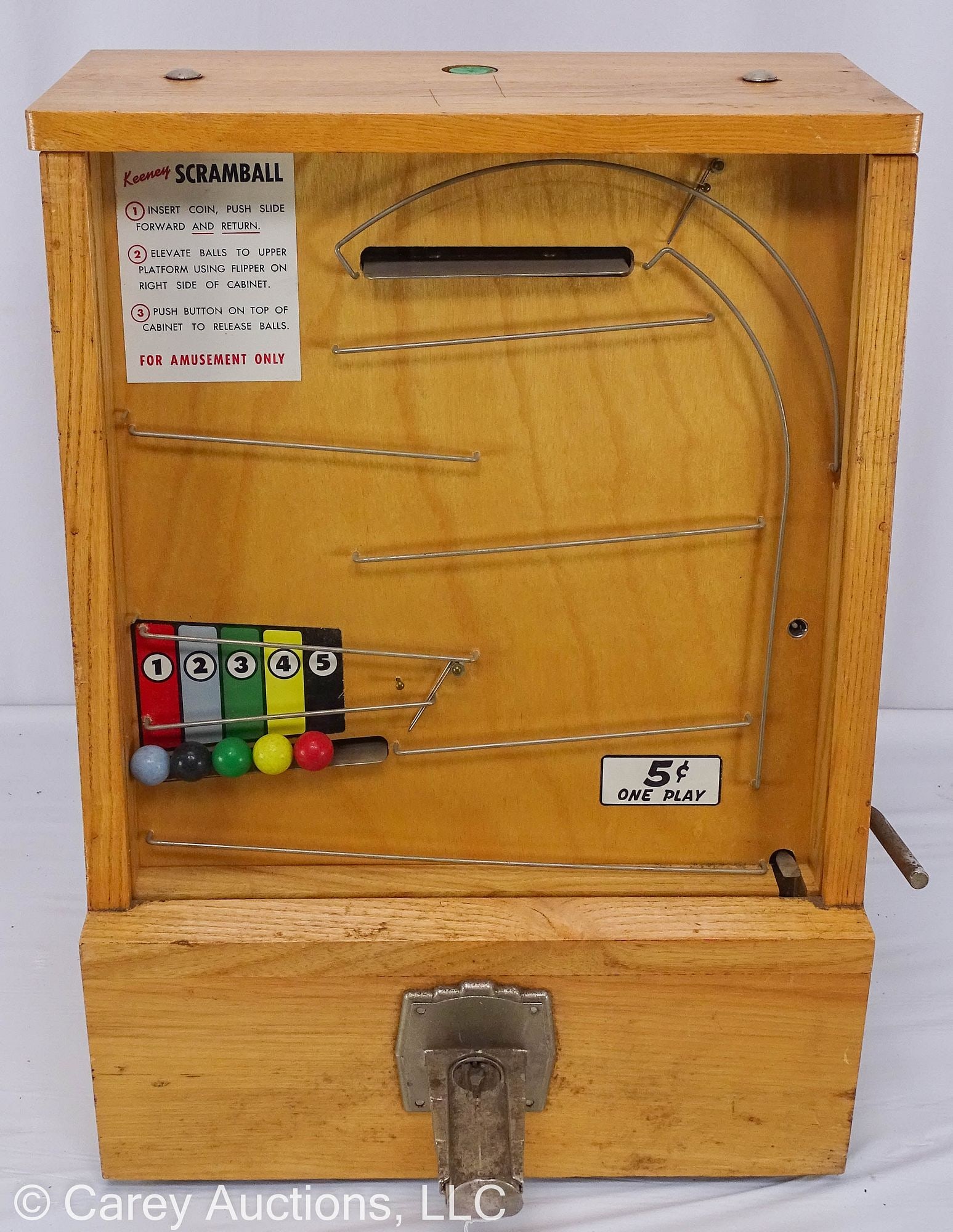 1941 KEENEY 5¢ SCRAMBALL ARCADE GAME: 1941 Countertop trade stimulator Kenney Scramball Arcade Game; Birchwood case, marked on side [KE #804B] // Measures: 19.5"H x 14"W x 9"D // Condition: In working condition, includes key for lock, som