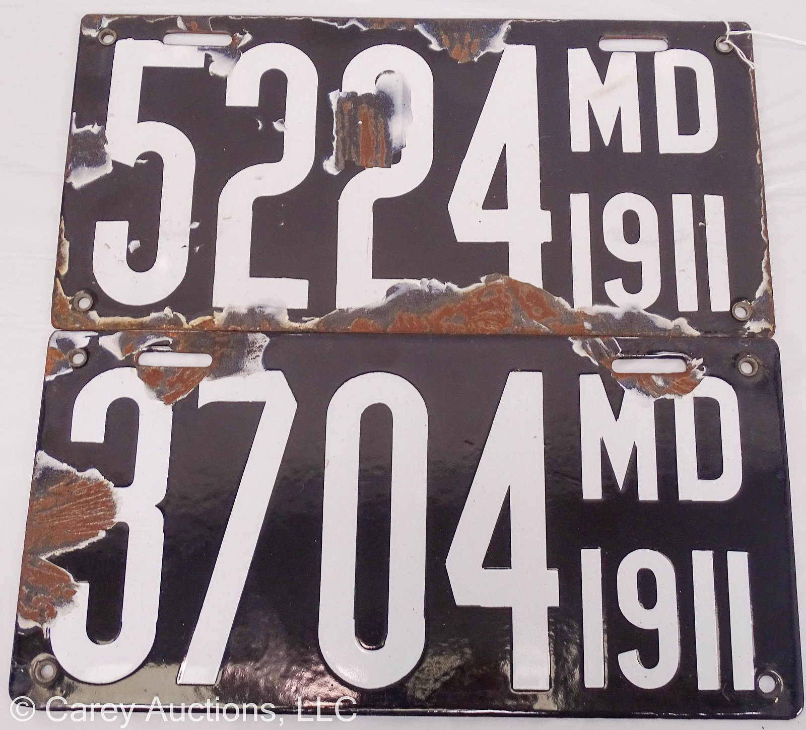 (2) 1911 PORCELAIN & ENAMEL MARYLAND LICENSE PLATES: Black with white numbers, 1911 enameled porcelain Maryland automobi