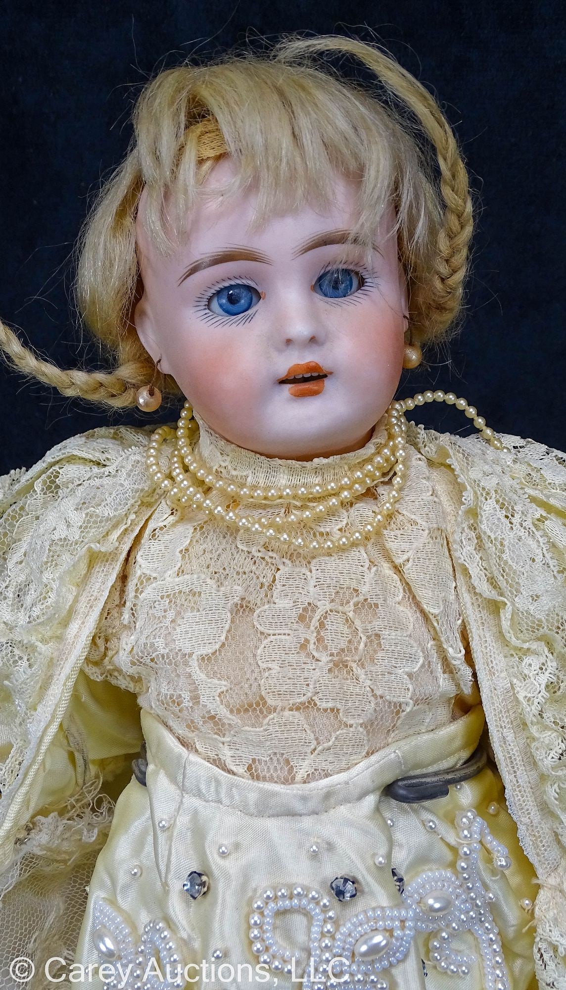 MAX HANDWERCK PETITE GERMAN BISQUE HEAD DOLL: Marked DEP-297 Bisque socket head, blue sleepy eyes, painted lashes, feathered brows, pierced ears, open mouth with teeth, accented lips, blonde mohair wig, composition and wooden jointed body, no sho
