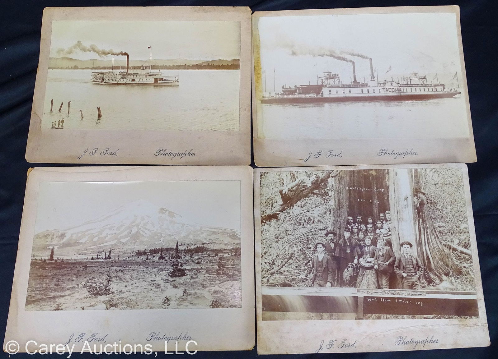 (4) 19th CENTURY CABINET CARD PHOTOS BY JF FORD PORTLAND OREGON: All photos marked JF Ford (John Fletcher) Photographer; Ford lived in Ilwaco Washington and had a studio in Portland Oregon (1895-1913); Includes: (1) Washington Redwood-Sequoia tree stump with people