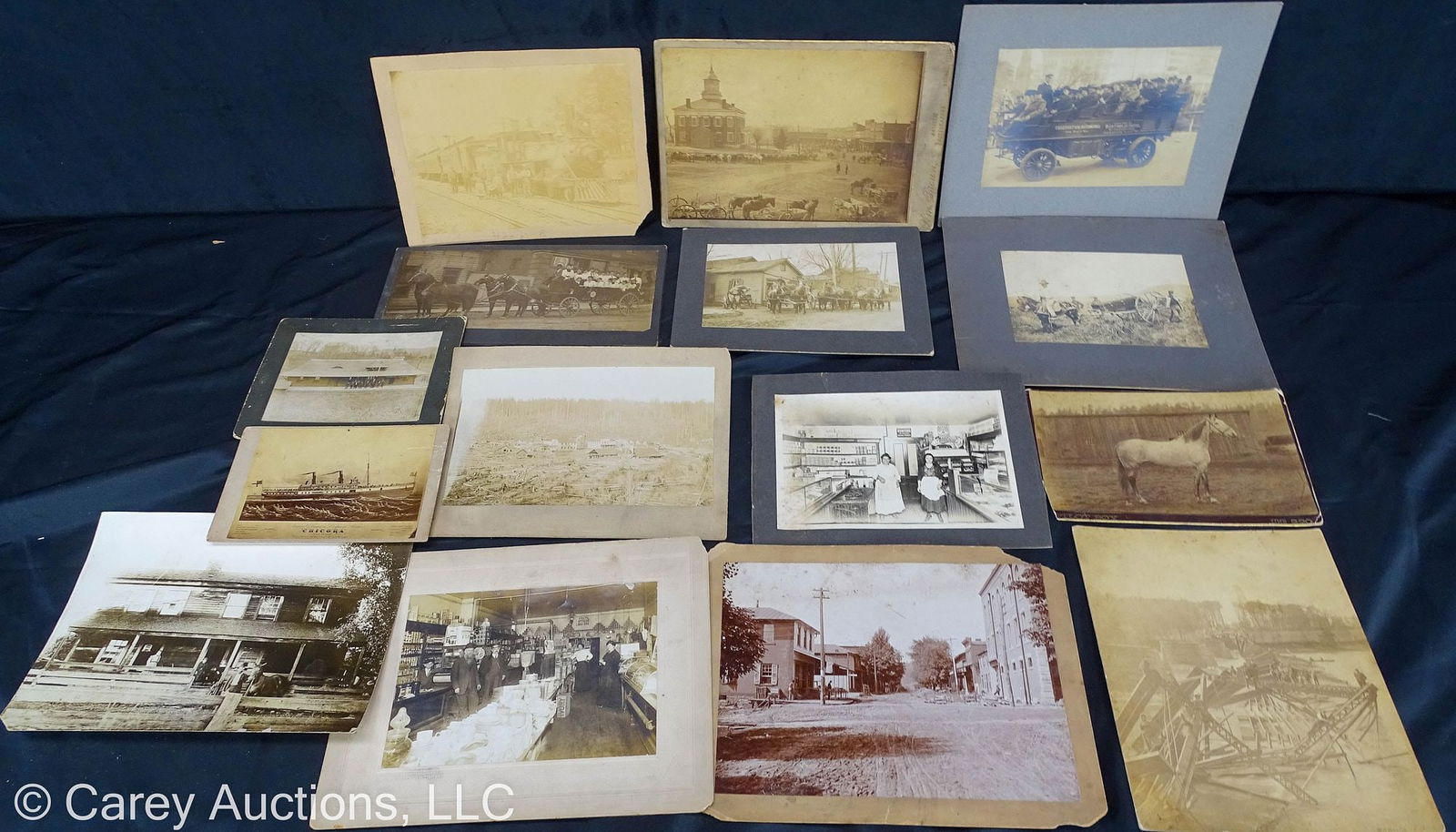 (14) CABINET CARD PHOTOS TOWN SCENES: (14) 19th Century cabinet card photos including one each from: Home, Marion Center, Cokeville and Tyrone PA, New York City and Marshal Texas; (8) unidentified; Also included in (1) photo not on cardbo