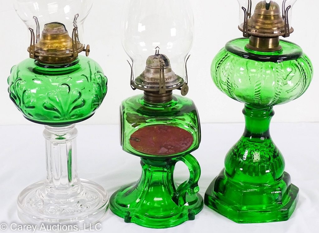 3 ANTIQUE GREEN GLASS OIL LAMPS (1 of 8)