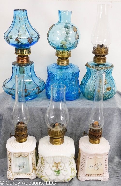 6 MINIATURE OIL LAMPS BLUE & MILK GLASS (1 of 3)
