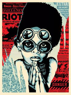 Late Hour Riot - Obey Giant (Shepard Fairey): 2017 Screenprint Limited edition of 450 from 2017, numbered and signed by Shepard Fairey and Dennis Morris 45.7 x 61 cm/ 18" x 24" Mint Condition Location: France