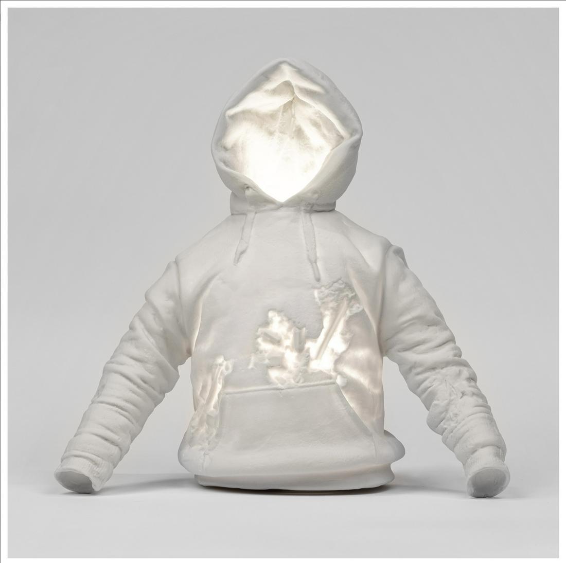 Eroded Sweatshirt- Daniel Arsham: 2019 Porcelain sculptural lamp Edition of 150 + 20 AP’s Signed and numbered COA. Custom made screen printed wood box 32 cm x 36 cm / 12.5 x 14 in Mint condition