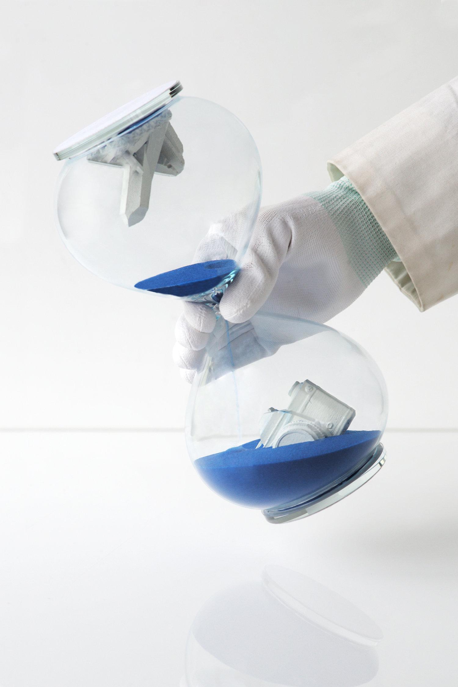 Hourglass Blue- Daniel Arsham: 2019 Glass, sand and two cast objects Edition of 500 9.6 × 4.5 in / 24.4 × 11.4 cm Mint Condition