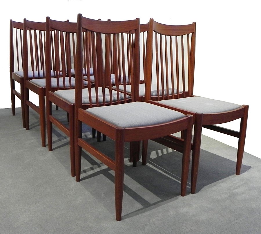Set of 8 Mid-Century Danish Teakwood Dining chairs: Set of 8 Mid-Century Danish Teakwood Dining chairs with upholstered slip seats in the manner of Arne Vodder for Sibast Mobler, Model 422, 37.5”H. x 17”W. x 19.5”D.