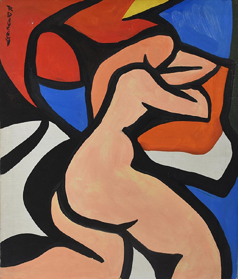 Oil on canvas, signed Roland Dorcely (1930-2017): Oil on canvas, reclining female nude in the abstract, La Galerie 18 label on reverse signed Roland Dorcely (1930-2017), 25.5" x 21"