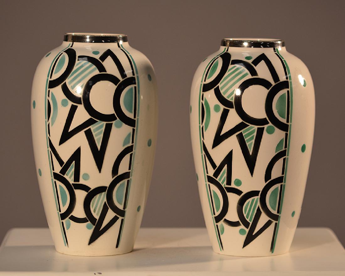 Pair Nord Hamage & Moulin Vases: Pr. French Nord Hamage & Moulin des Loups Art Deco vases. Geometric shapes decorate the front and reverse panels, platinum trim decorates the neck, 9"H.