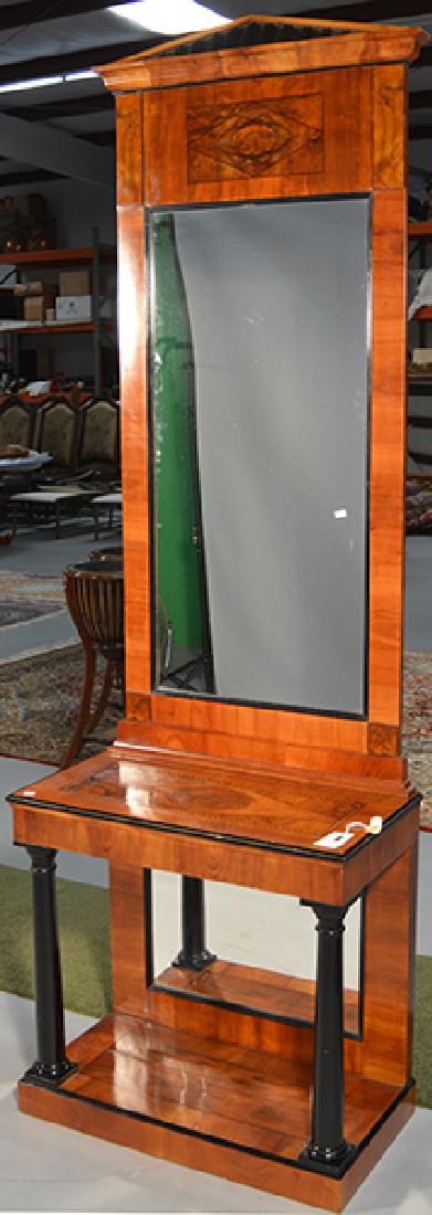 Beidermeier Console and Mirror: Beidermeier two part console and mirror. Console with black turned posts, burl walnut veneers inlaid scene on top, and mirror back. Upper mirror has burl walnut veneers, with diamond inlay at top and