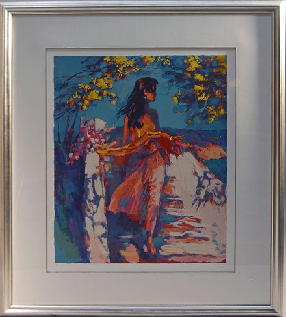 N. Simbari Silkscreen: Nicola Simbari (Italian 1927-2012) Retablo in silkscreen. "Mimosa" beautiful woman walks along a sunny path. Signed & numbered by the artist 111/160, image 39.5"H. x 31.5"W., 48" x 56" overall.